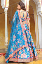 Blue Art Silk Floral Lehenga Choli For Indian & Pakistani Wedding Festival - Zari Work, Sequence Embroidery Work, Print Work
