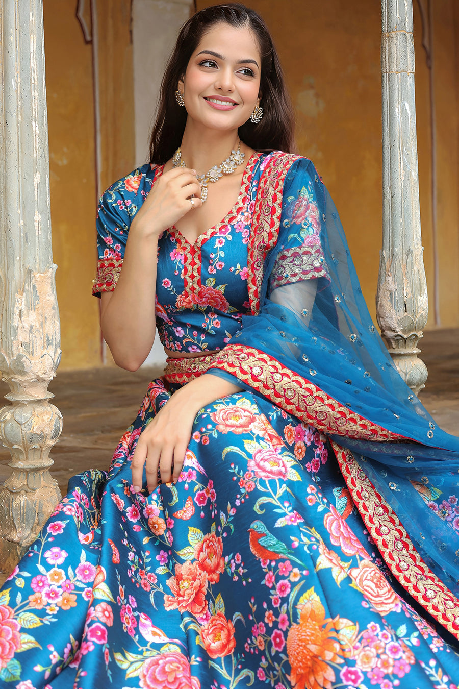 Blue Art Silk Floral Lehenga Choli For Indian & Pakistani Wedding Festival - Zari Work, Sequence Embroidery Work, Print Work