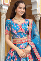 Blue Art Silk Floral Lehenga Choli For Indian & Pakistani Wedding Festival - Zari Work, Sequence Embroidery Work, Print Work