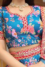 Blue Art Silk Floral Lehenga Choli For Indian & Pakistani Wedding Festival - Zari Work, Sequence Embroidery Work, Print Work