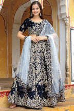 Navy Blue Velvet Lehenga Choli For Indian & Pakistani Wedding Festival - Thread Embroidery Work, Zari Work