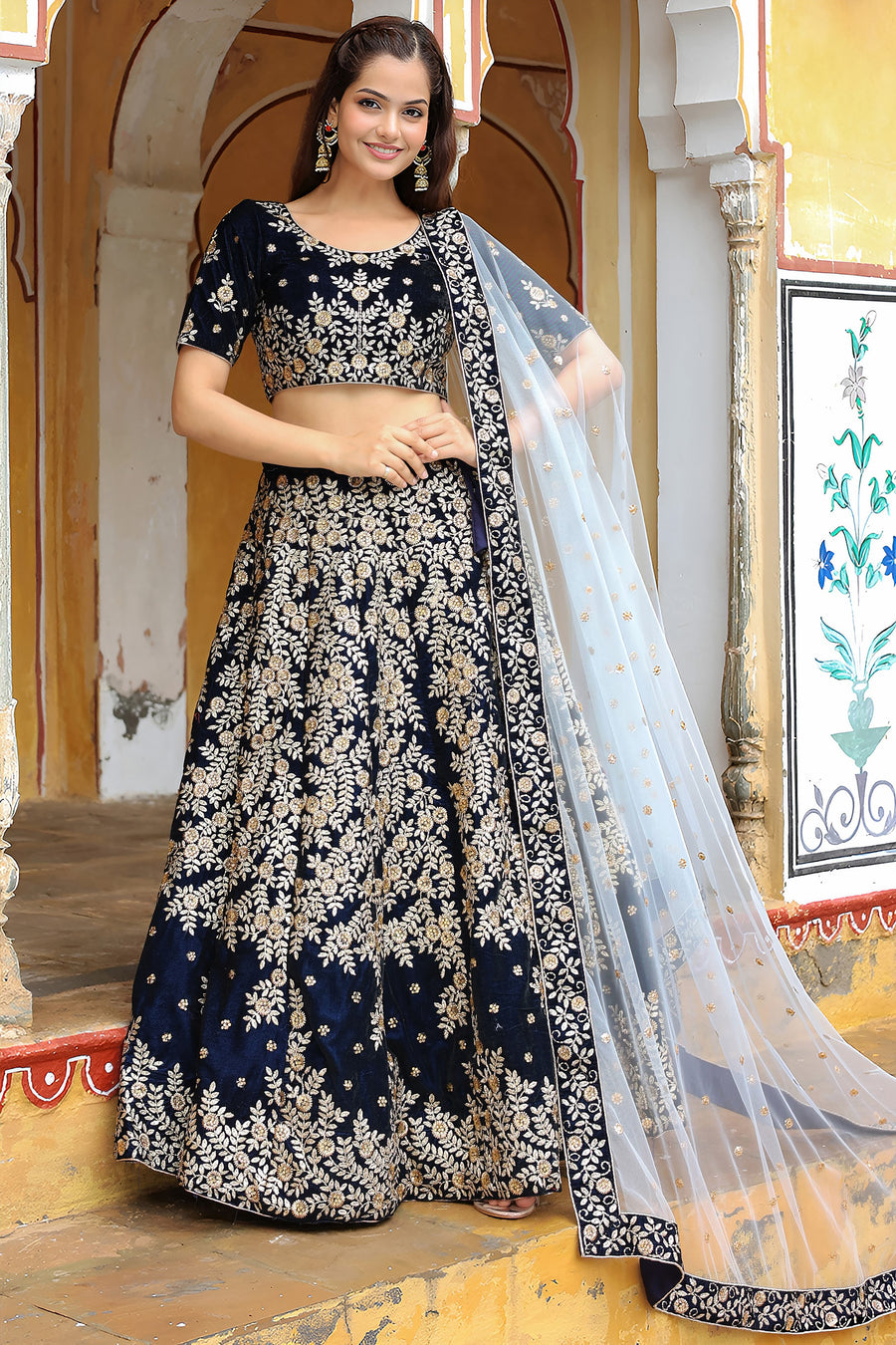 Navy Blue Velvet Lehenga Choli For Indian & Pakistani Wedding Festival - Thread Embroidery Work, Zari Work