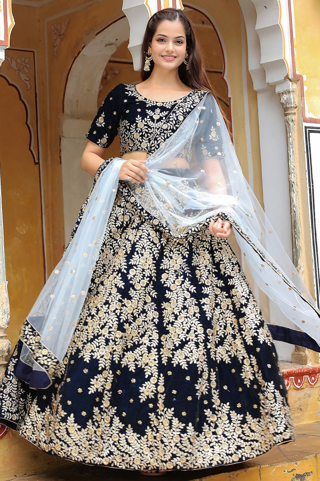 Navy Blue Velvet Lehenga Choli For Indian & Pakistani Wedding Festival - Thread Embroidery Work, Zari Work