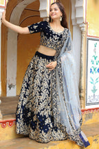 Navy Blue Velvet Lehenga Choli For Indian & Pakistani Wedding Festival - Thread Embroidery Work, Zari Work