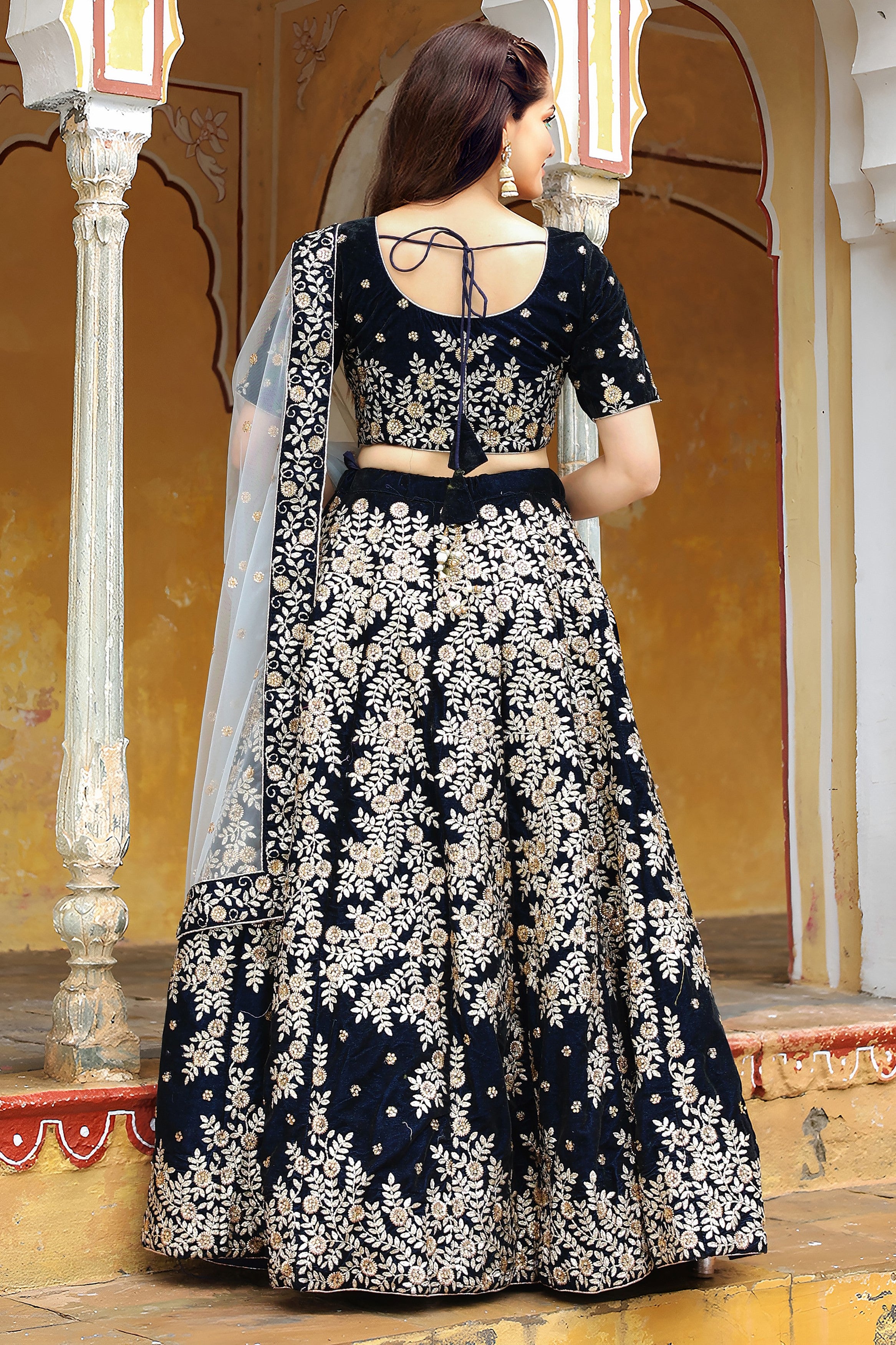 Navy Blue Velvet Lehenga Choli For Indian & Pakistani Wedding Festival - Thread Embroidery Work, Zari Work
