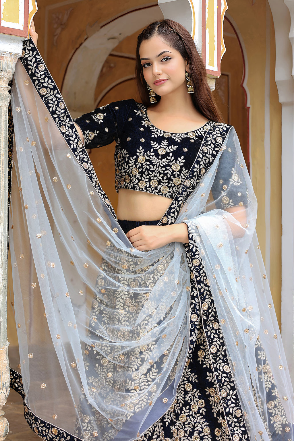 Navy Blue Velvet Lehenga Choli For Indian & Pakistani Wedding Festival - Thread Embroidery Work, Zari Work