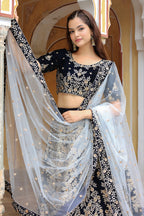 Navy Blue Velvet Lehenga Choli For Indian & Pakistani Wedding Festival - Thread Embroidery Work, Zari Work