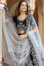 Navy Blue Velvet Lehenga Choli For Indian & Pakistani Wedding Festival - Thread Embroidery Work, Zari Work