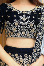 Navy Blue Velvet Lehenga Choli For Indian & Pakistani Wedding Festival - Thread Embroidery Work, Zari Work