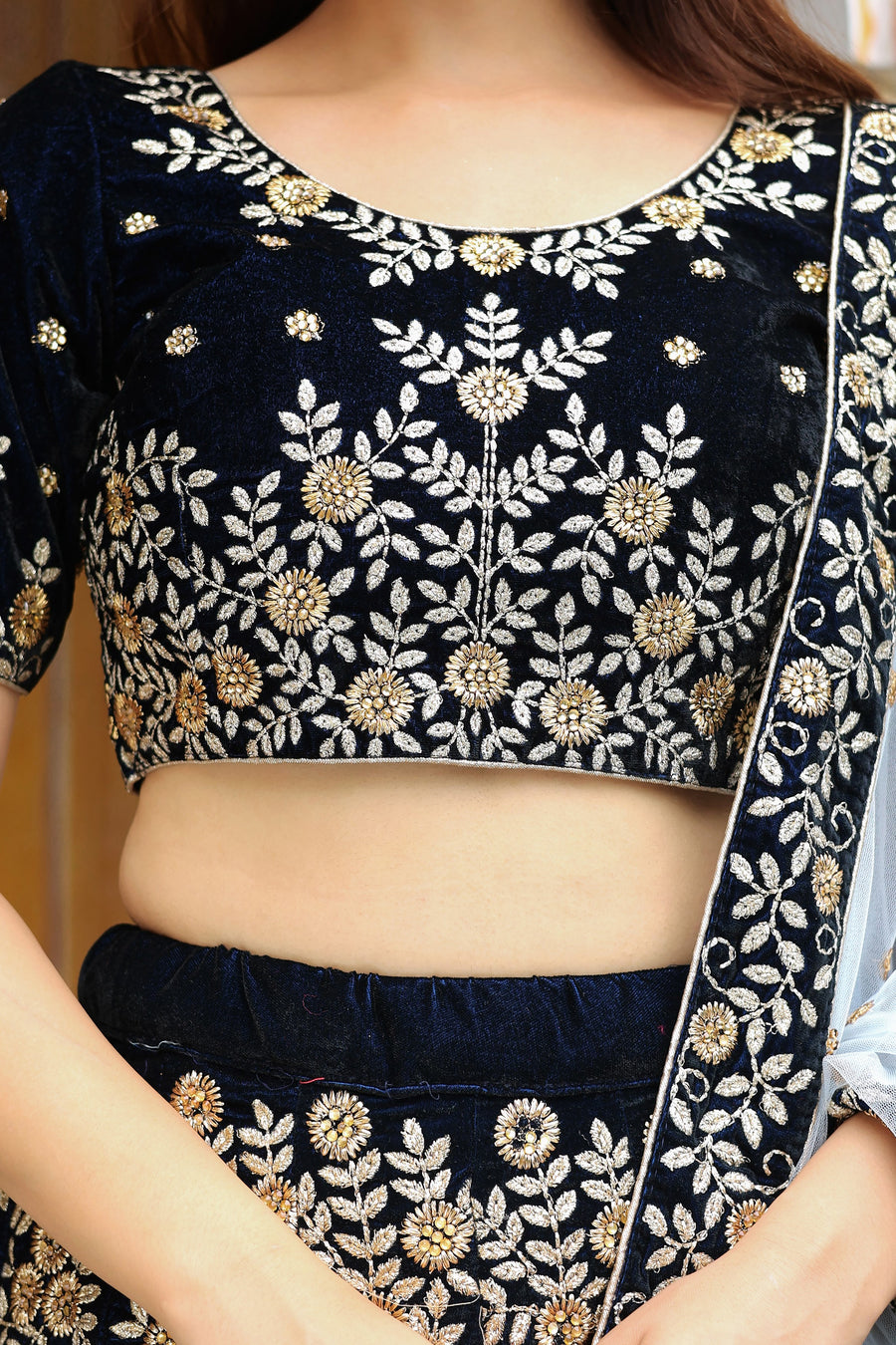 Navy Blue Velvet Lehenga Choli For Indian & Pakistani Wedding Festival - Thread Embroidery Work, Zari Work