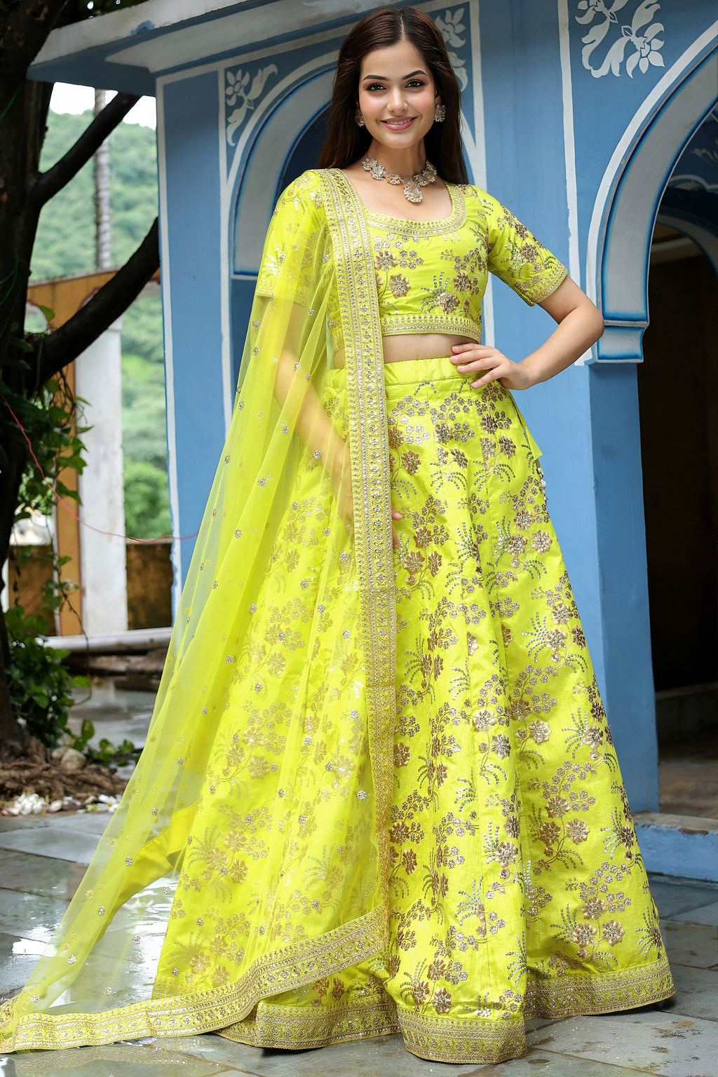 Neon Yellow Art Silk Lehenga Choli For Indian & Pakistani Wedding Festival - Sequence Embroidery Work, Dori Work, Zari Work