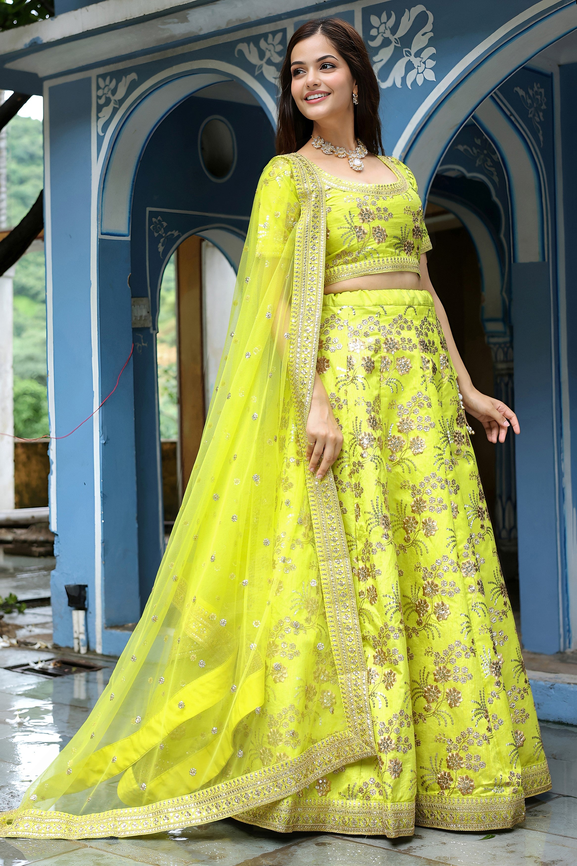 Neon Yellow Art Silk Lehenga Choli For Indian & Pakistani Wedding Festival - Sequence Embroidery Work, Dori Work, Zari Work