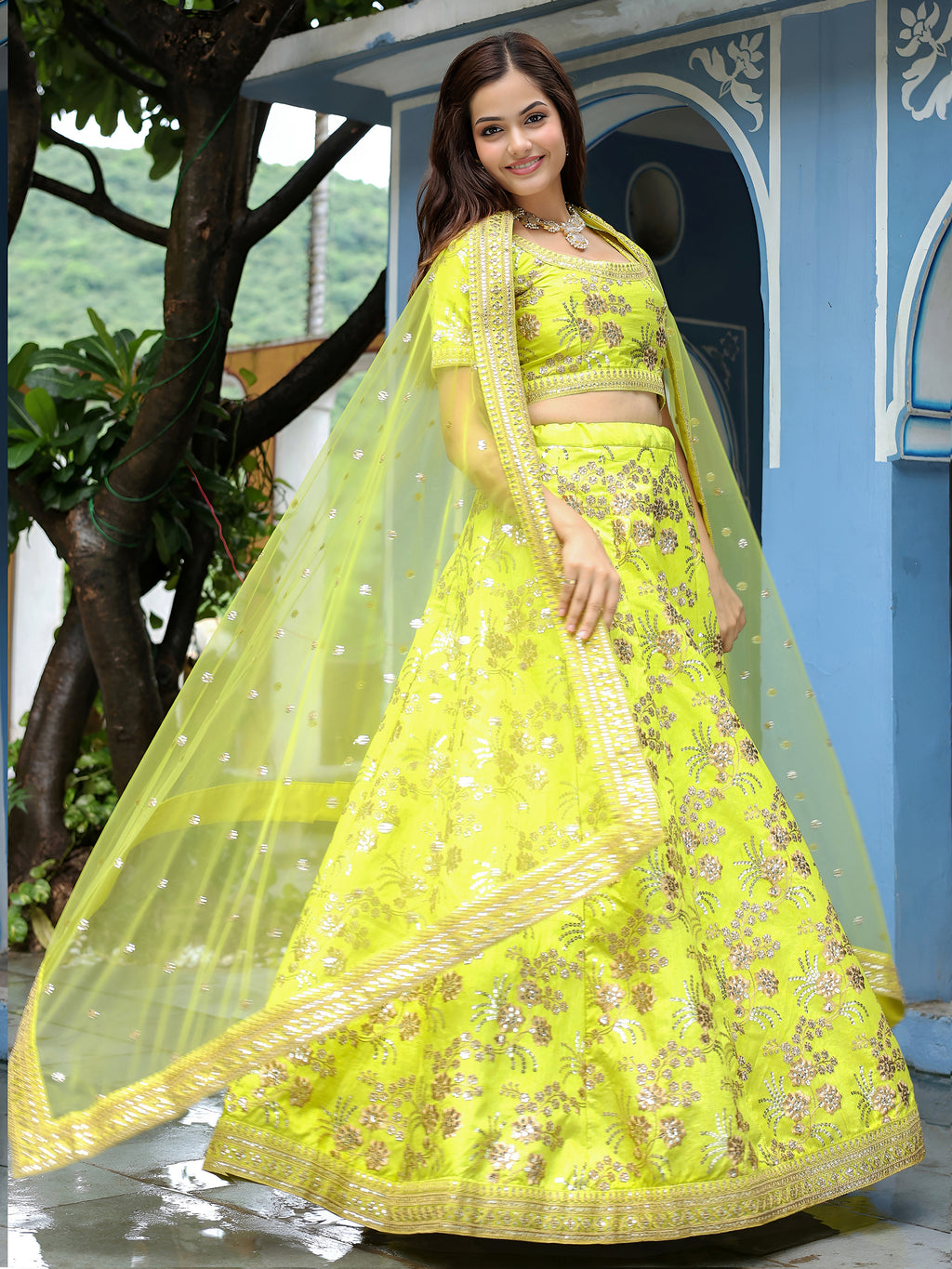 Neon Yellow Art Silk Lehenga Choli For Indian & Pakistani Wedding Festival - Sequence Embroidery Work, Dori Work, Zari Work