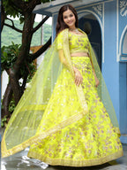 Neon Yellow Art Silk Lehenga Choli For Indian & Pakistani Wedding Festival - Sequence Embroidery Work, Dori Work, Zari Work