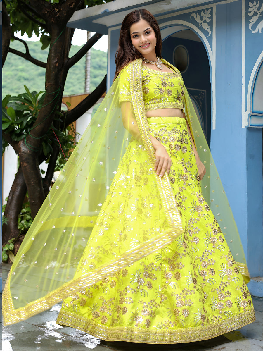 Neon Yellow Art Silk Lehenga Choli For Indian & Pakistani Wedding Festival - Sequence Embroidery Work, Dori Work, Zari Work