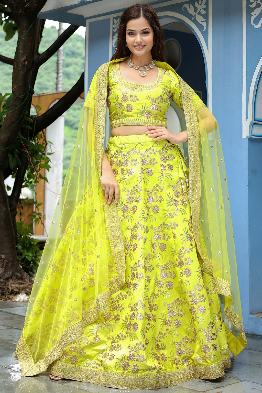 Neon Yellow Art Silk Lehenga Choli For Indian & Pakistani Wedding Festival - Sequence Embroidery Work, Dori Work, Zari Work