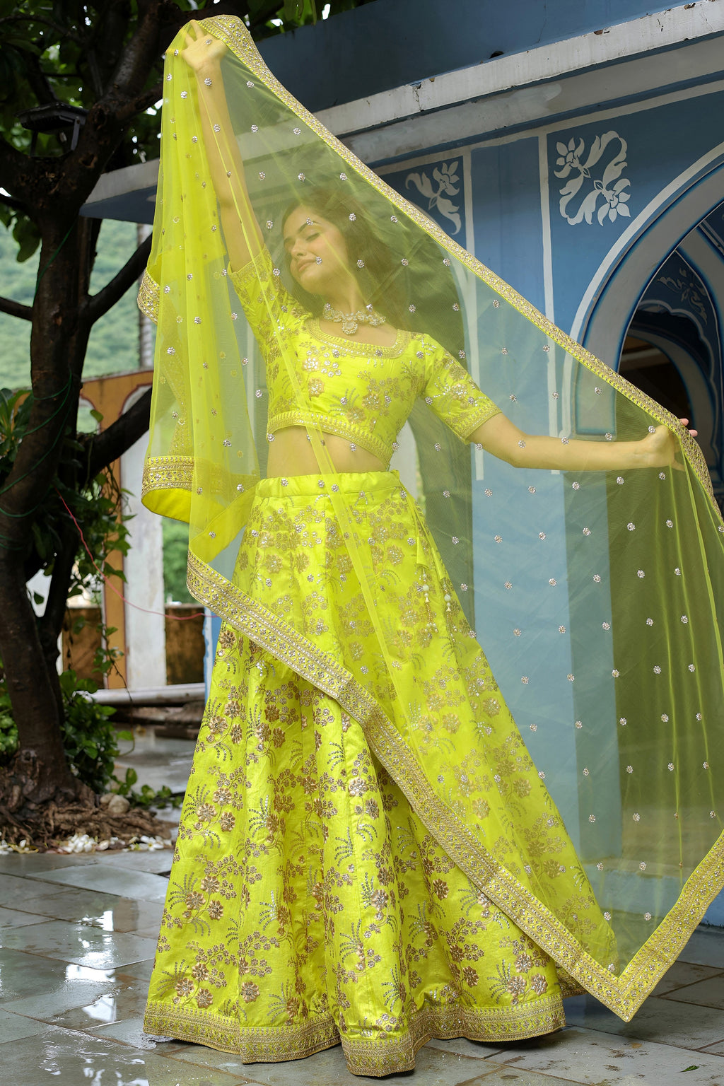 Neon Yellow Art Silk Lehenga Choli For Indian & Pakistani Wedding Festival - Sequence Embroidery Work, Dori Work, Zari Work