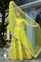 Neon Yellow Art Silk Lehenga Choli For Indian & Pakistani Wedding Festival - Sequence Embroidery Work, Dori Work, Zari Work