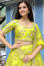 Neon Yellow Art Silk Lehenga Choli For Indian & Pakistani Wedding Festival - Sequence Embroidery Work, Dori Work, Zari Work