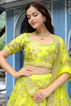 Neon Yellow Art Silk Lehenga Choli For Indian & Pakistani Wedding Festival - Sequence Embroidery Work, Dori Work, Zari Work