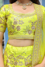 Neon Yellow Art Silk Lehenga Choli For Indian & Pakistani Wedding Festival - Sequence Embroidery Work, Dori Work, Zari Work