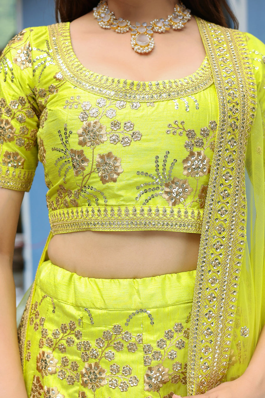 Neon Yellow Art Silk Lehenga Choli For Indian & Pakistani Wedding Festival - Sequence Embroidery Work, Dori Work, Zari Work