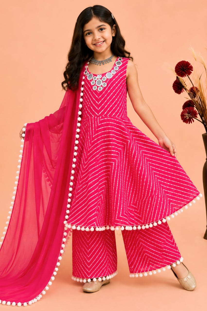 Pink Kids Wear Kameez with Plazo & Dupatta for Wedding - Mirror & Print Work