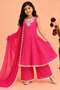 Pink Kids Wear Kameez with Plazo & Dupatta for Wedding - Mirror & Print Work