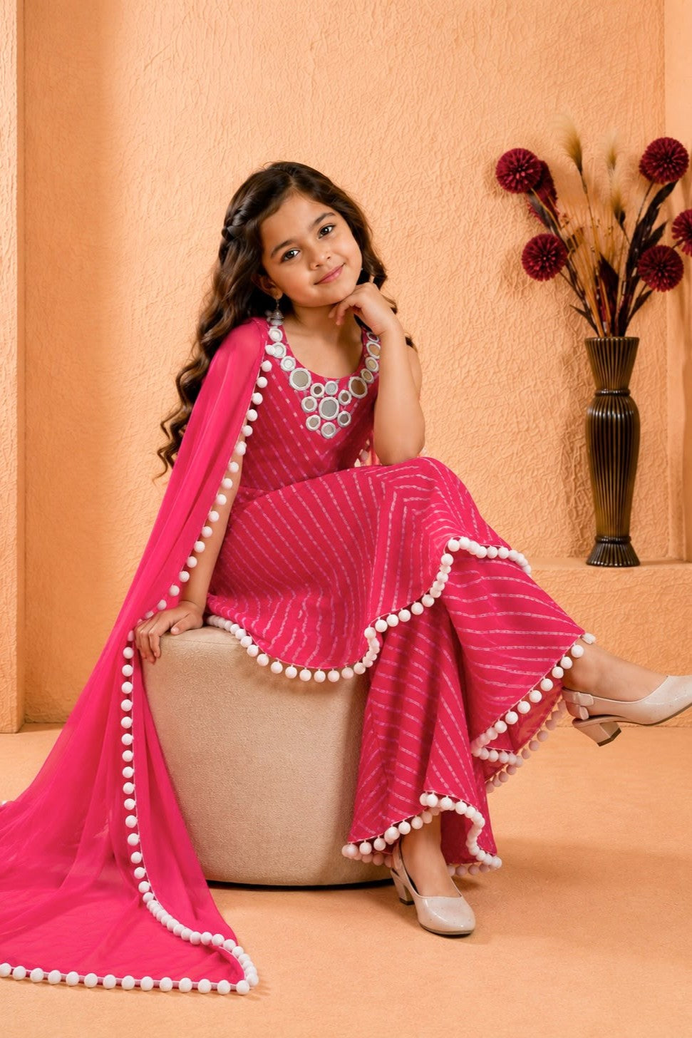 Pink Kids Wear Kameez with Plazo & Dupatta for Wedding - Mirror & Print Work