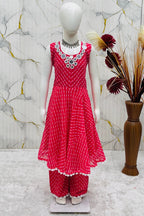 Pink Kids Wear Kameez with Plazo & Dupatta for Wedding - Mirror & Print Work