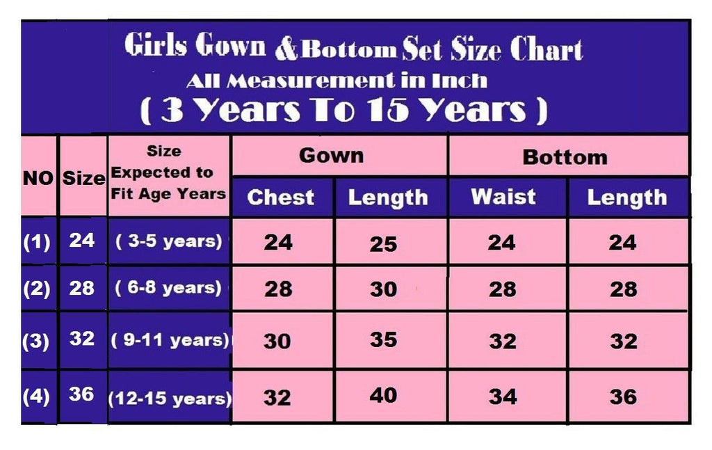 Size chart for kids' dress and bottom set with measurements in inches.