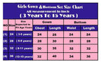 Size chart for kids' dress and bottom set with measurements in inches.