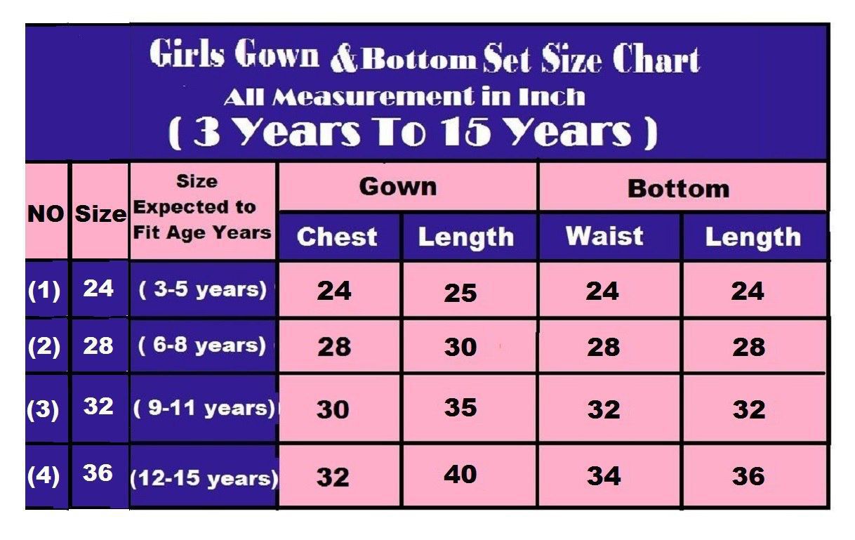 Size chart for kids' dress and bottom set with measurements in inches.