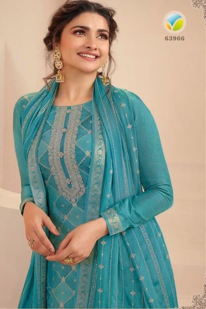 Cyan Zari Dola Jacquard Salwar Kameez Suit For Indian Festivals & Pakistani Weddings Dress