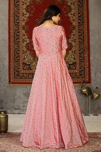 Pink Pakistani Tafetta Anarkali Gown For Indian Festivals & Weddings - Foil Work