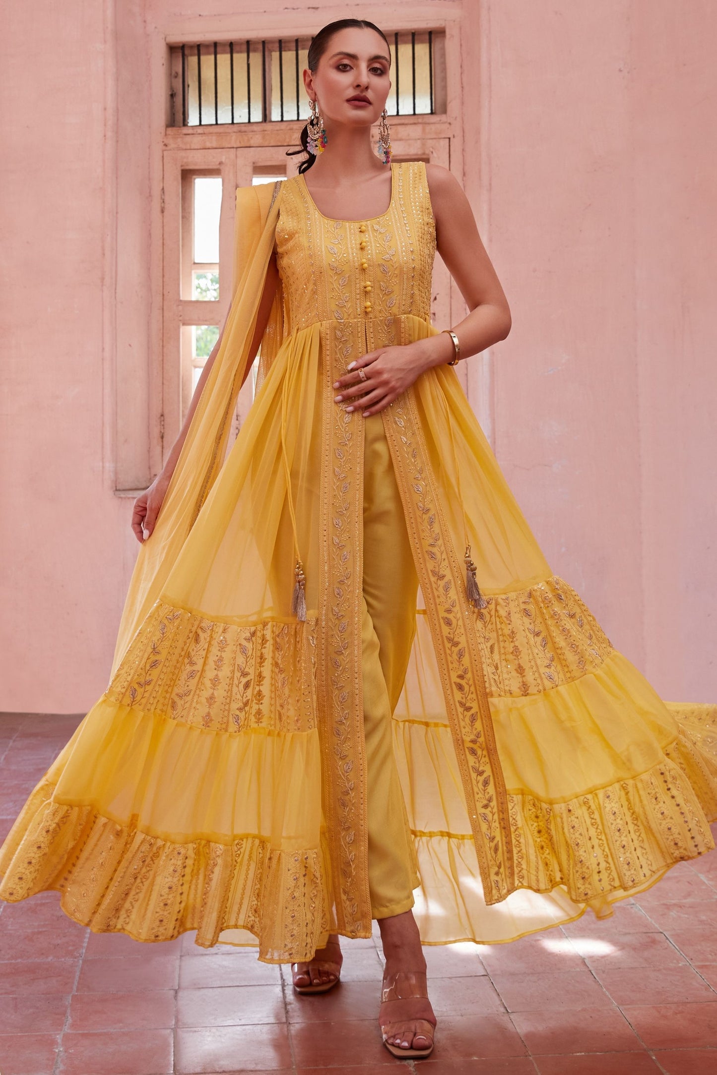 Yellow Georgette Long Anarkali with Front Slit and Pant For Indian Festivals & Weddings - Thread & Sequence Embroidery Work, Zari Work