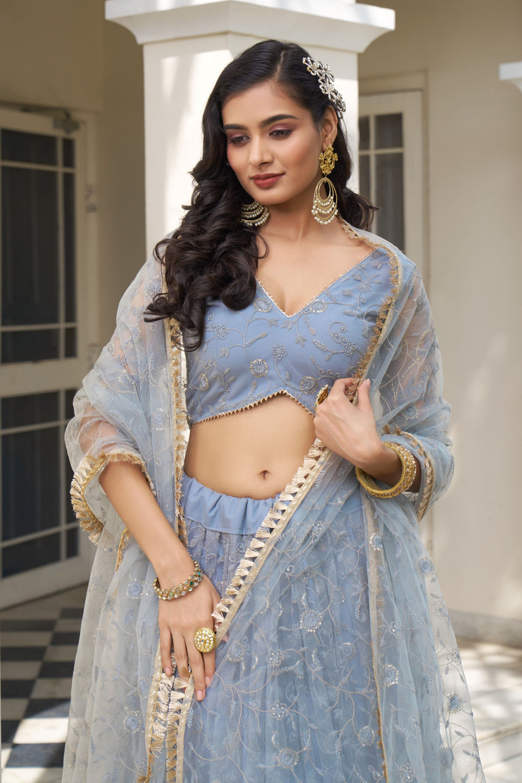 Blue Gray Net Embroidered Lehenga Choli For Indian Festival & Weddings - Thread Embroidery Work, Sequence Embroidery Work