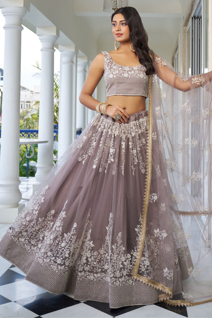 Grey Net Embroidered Lehenga Choli For Indian Festival & Weddings - Embroidery Work