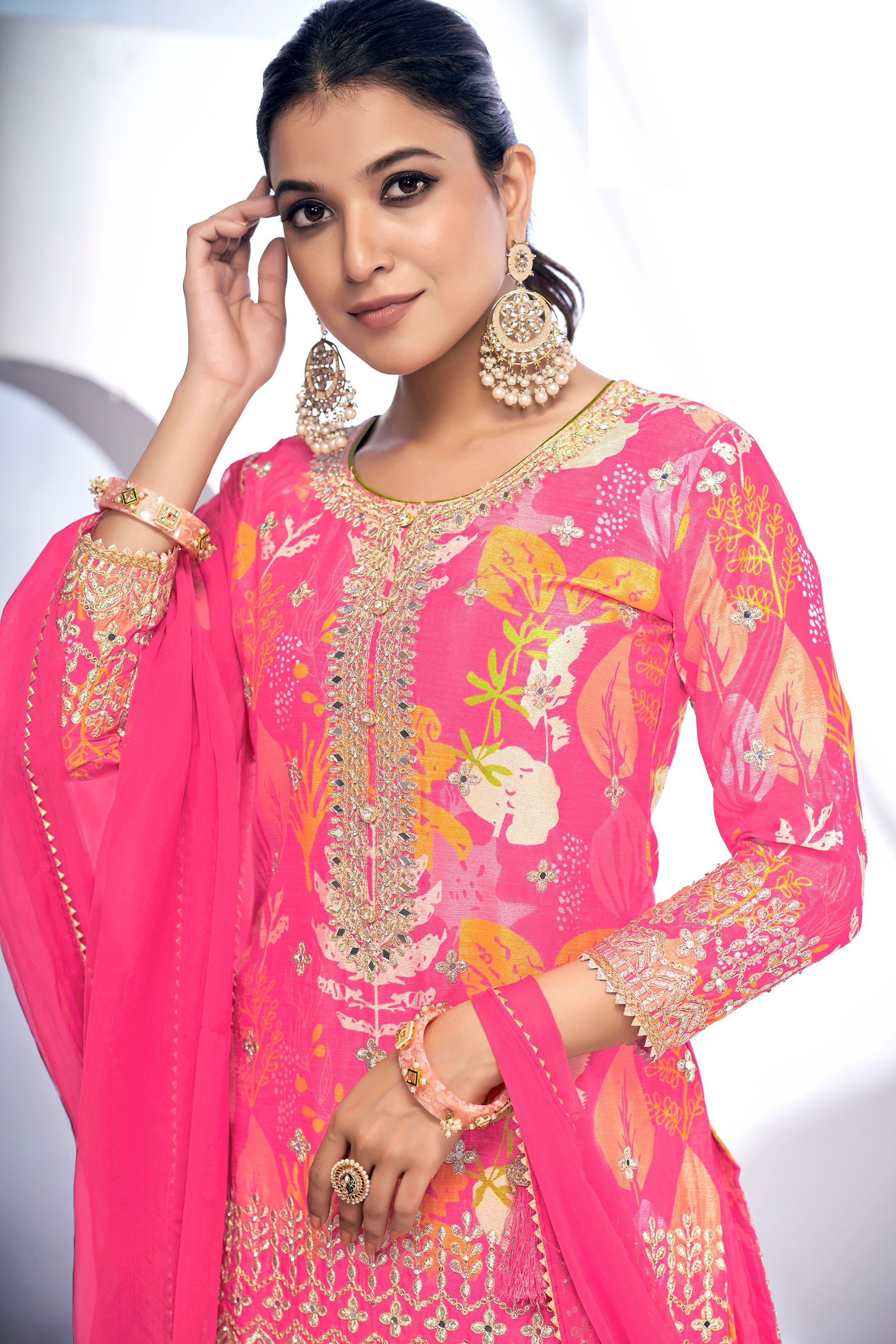 Dark Pink Chinon Silk Sharara Suits Dress for Indian Festival & Pakistani Wedding - Thread & Sequence Embroidery Work, Zari Work, Stone & Mirror Work, Print Work