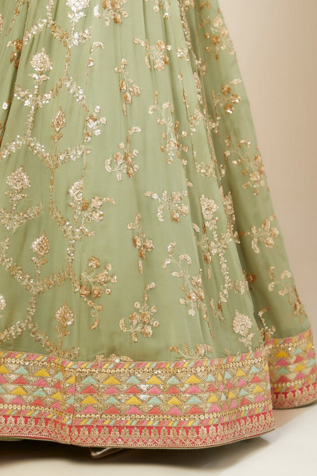 Green Georgette Lehenga Choli For Indian & Pakistani Wedding Festival - Thread Embroidery Work, Sequence Embroidery Work, Print Work, Zari Work