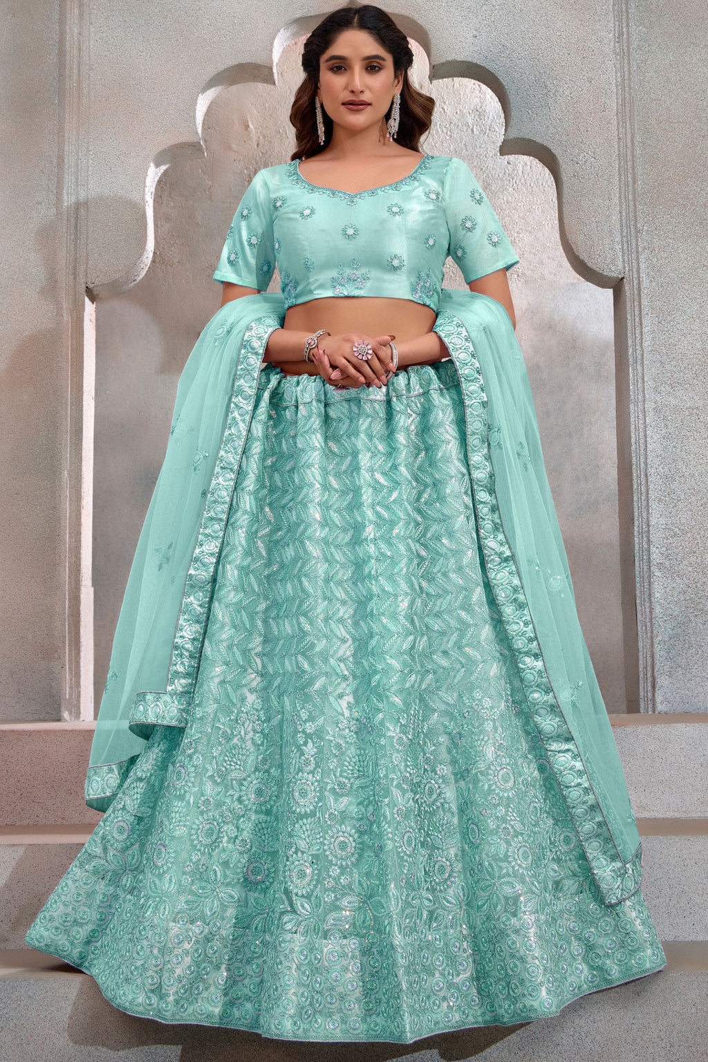 Cyan Net Lehenga Choli For Indian Festival & Weddings - Thread Embroidery Work, Sequence Embroidery Work