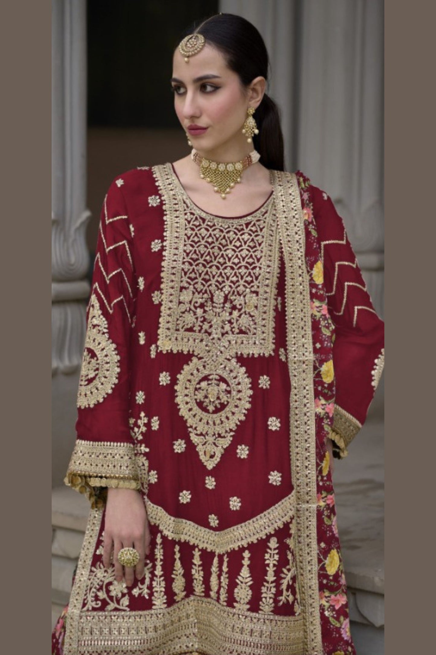 Maroon Chinon Silk Kameez with Plazzo And Dupatta For Indian Suit Festivals & Pakistani Weddings - Embroidery Work