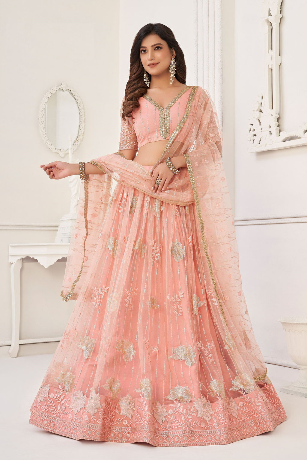 Peach Net Embroidered Lehenga Choli For Indian Festival & Weddings - Embroidery Work