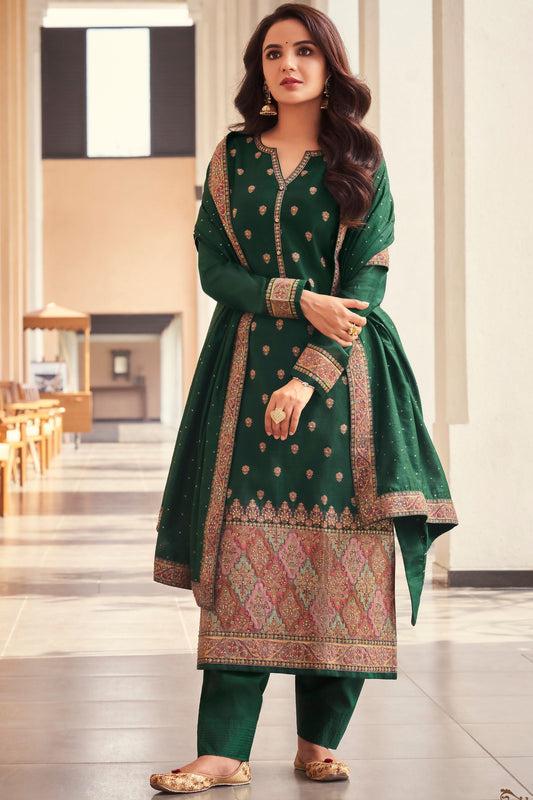 Dark Green Jacquard Silk Kameez With Pant For Indian Suit Festivals & Pakistani Weddings Dress - Embroidery Work