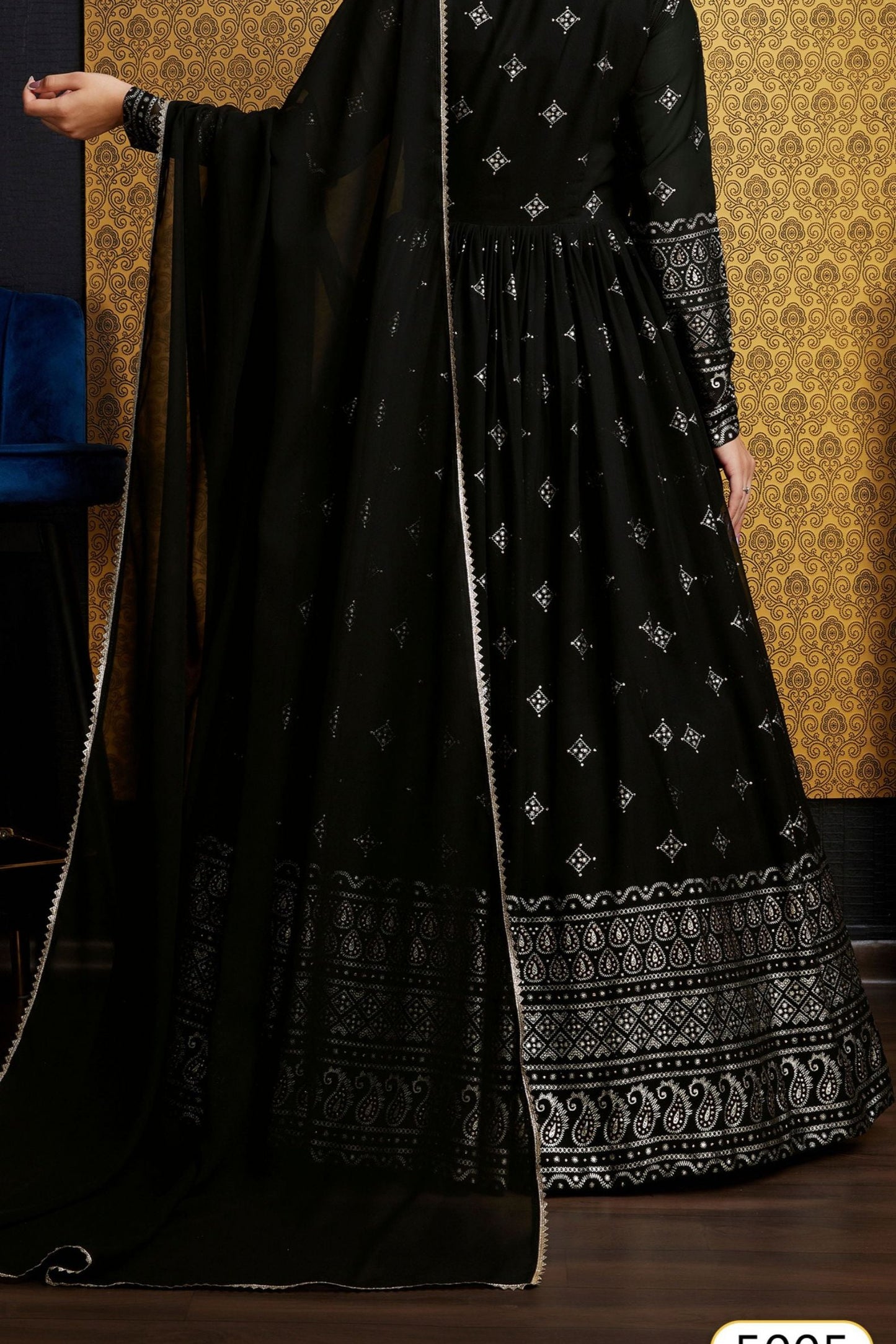 Black Georgette Anarkali Suit For Indian Festivals & Weddings - Metallic Foil Work