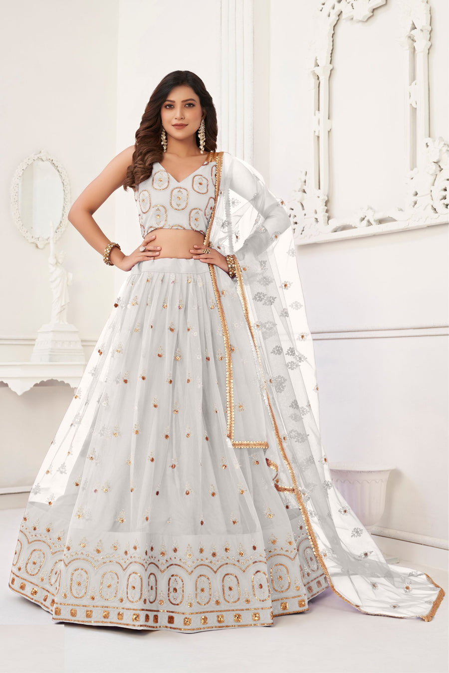 White Net Lengha Choli For Indian Festivals & Pakistani Weddings Dress - Embroidery Work