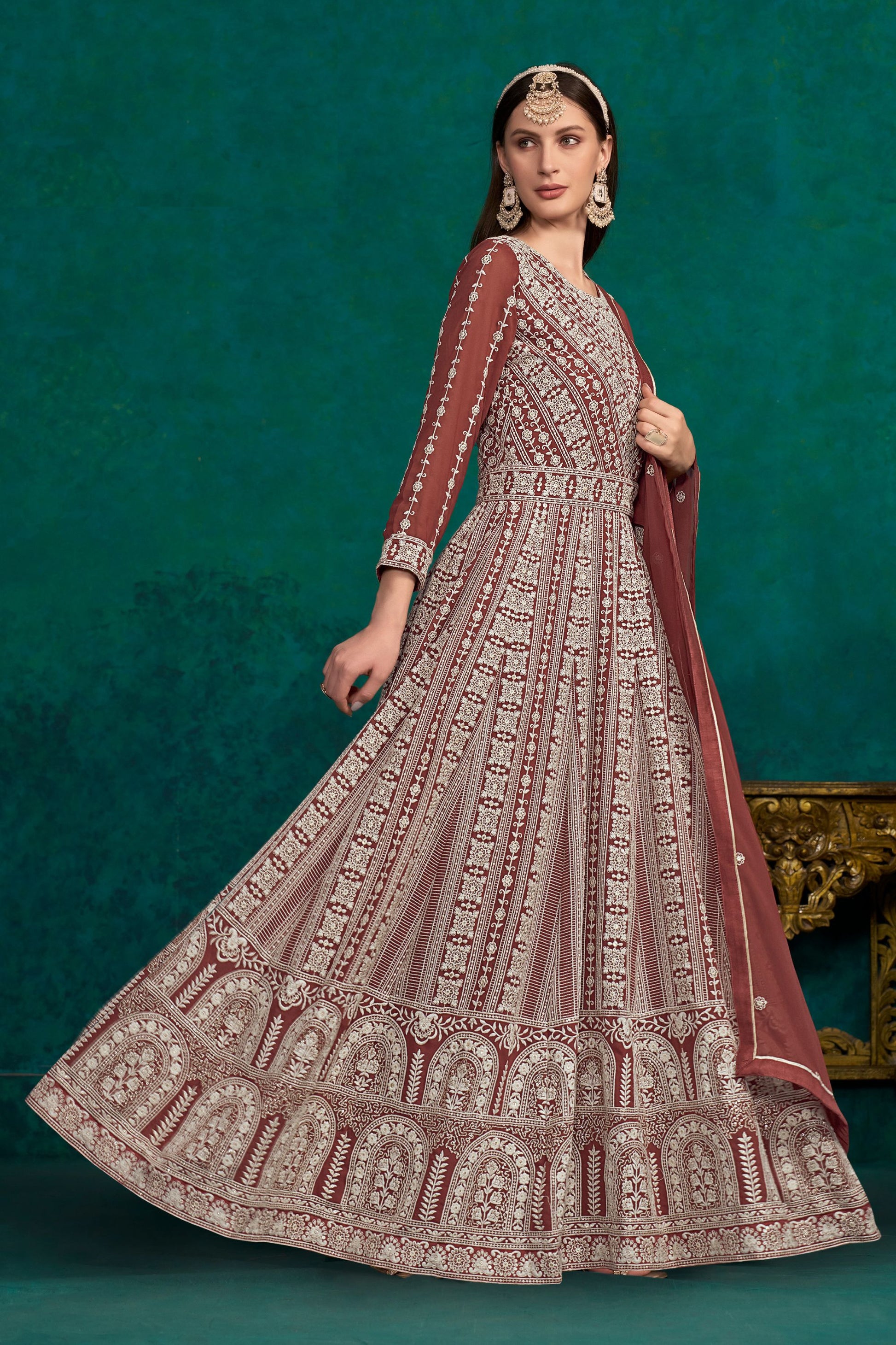 Brown Georgette Full Floor Length Anarkali Dress For Indian Festivals & Weddings - Lucknowi Work