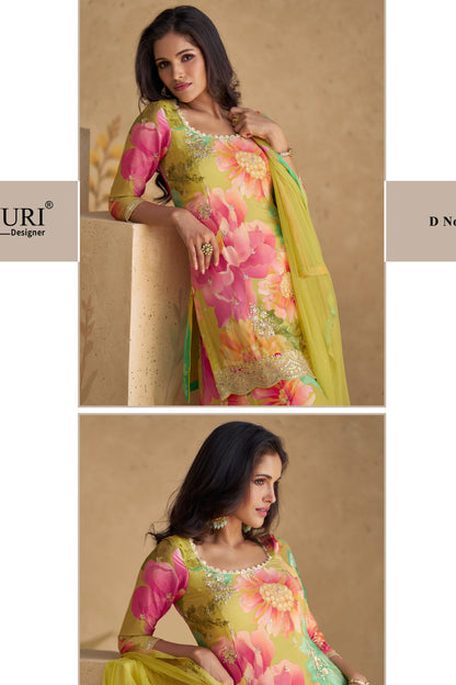 Multicolor Green Chinon Silk Flower Printed Plazo Suit for Indian Partywear & Weddings - Print Work, Embroidery Work