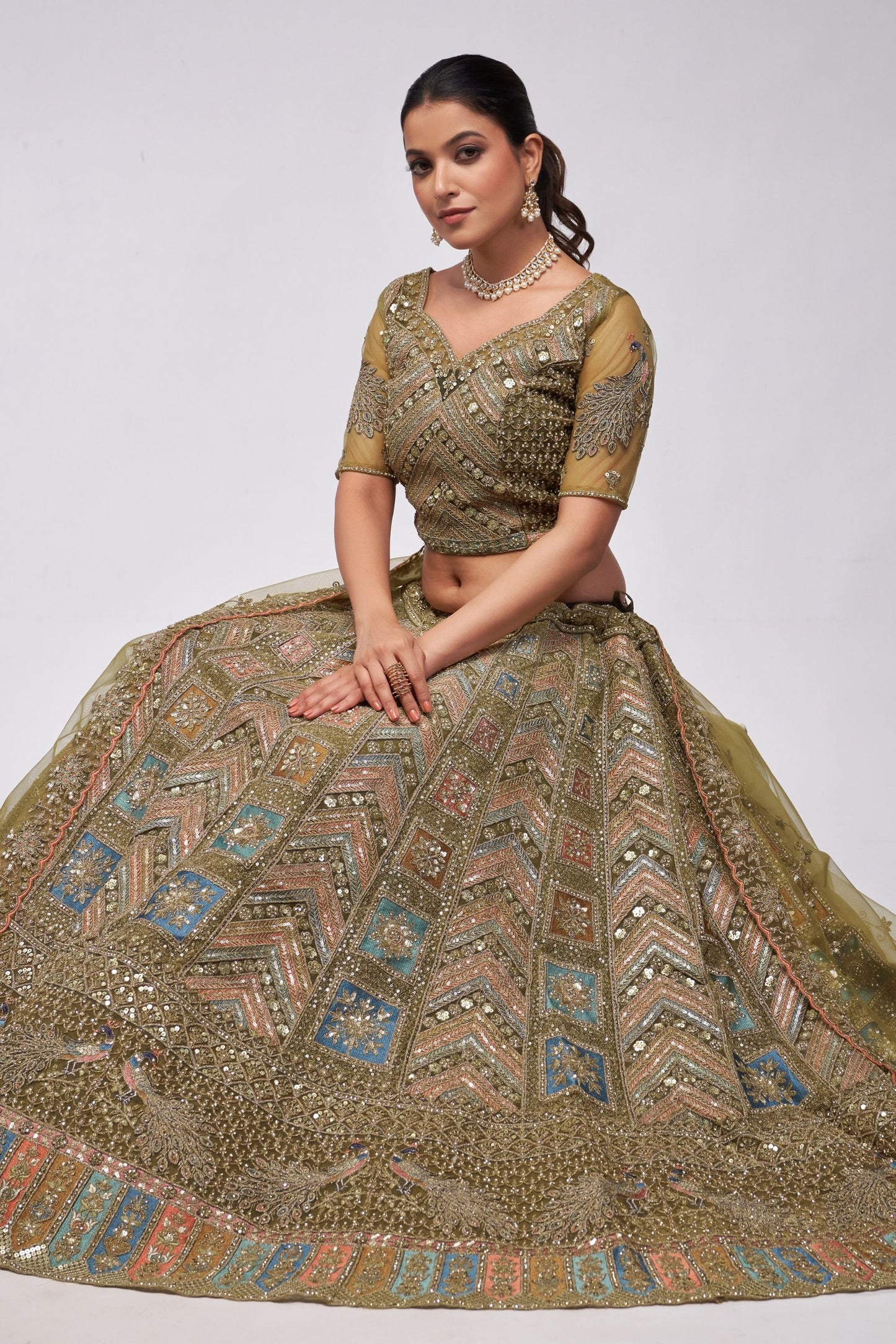 Olive Green Soft Net Lehenga Choli For Indian Festivals & Weddings - Sequins Work, Dori Work, Zarkan Work, Thread Work