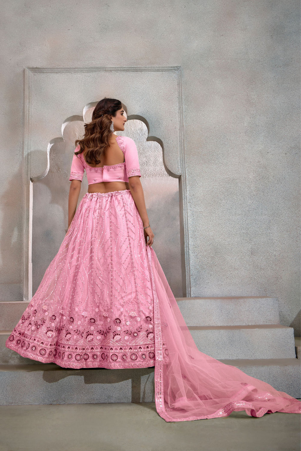 Baby Pink Net Lehenga Choli For Indian Festival & Weddings - Thread Embroidery Work, Sequence Embroidery Work